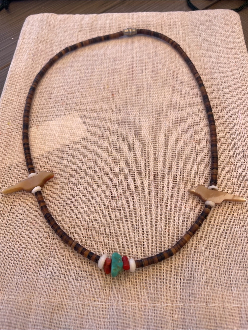 Handcrafted Zuni  Brown Bead Necklace with Turquoise and Coral Accents